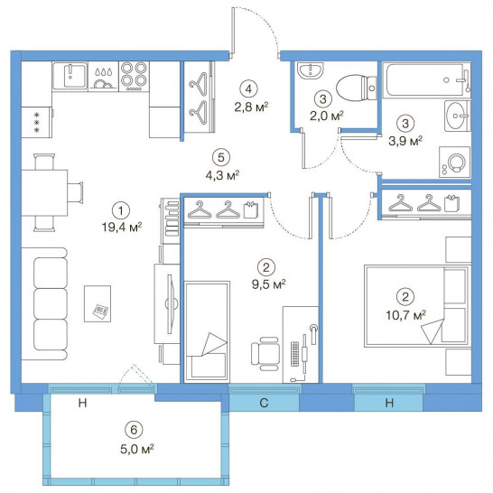Двухкомнатная квартира 52.7 м²